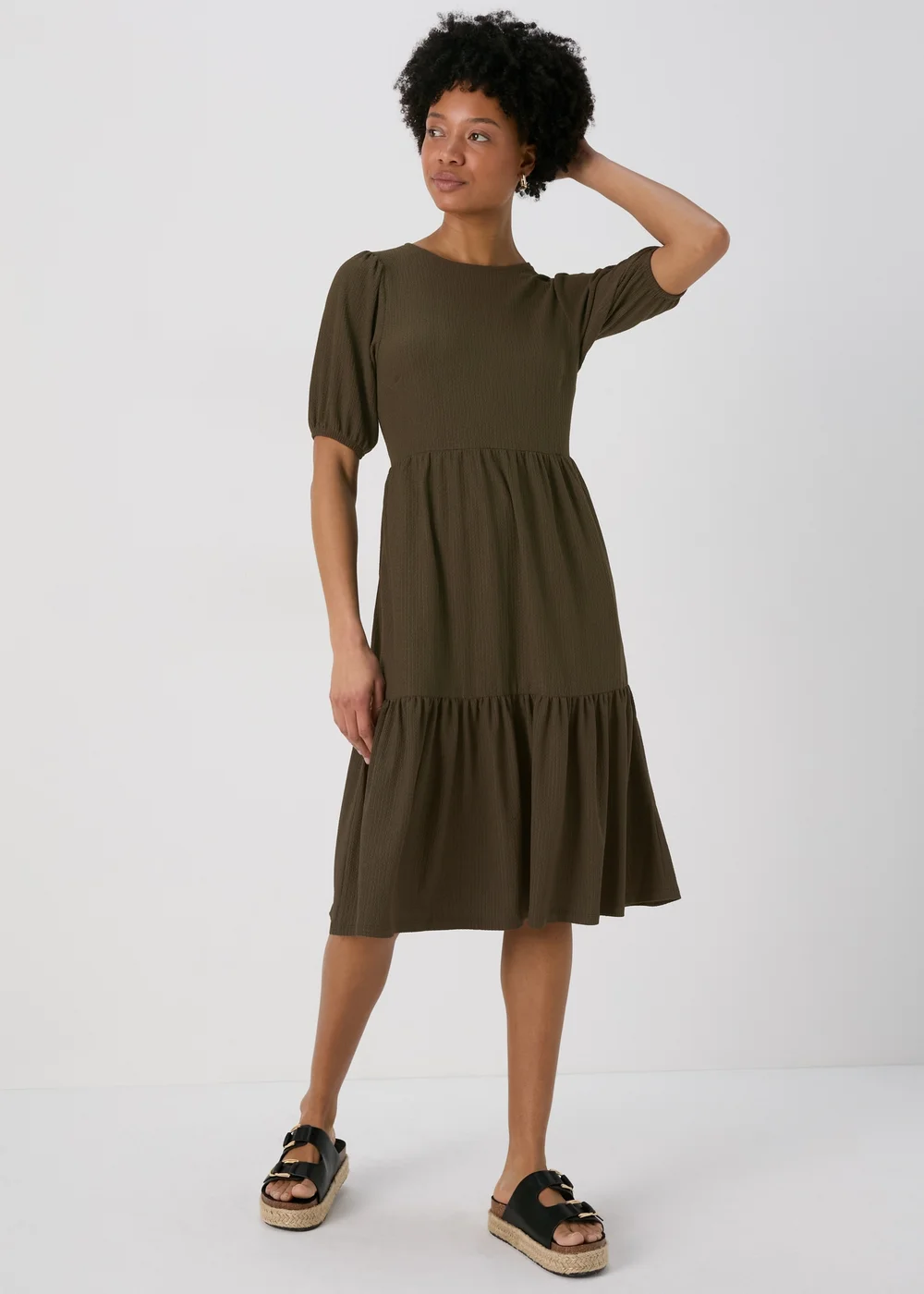 Khaki Textured Tiered Dress - 8 Image 1