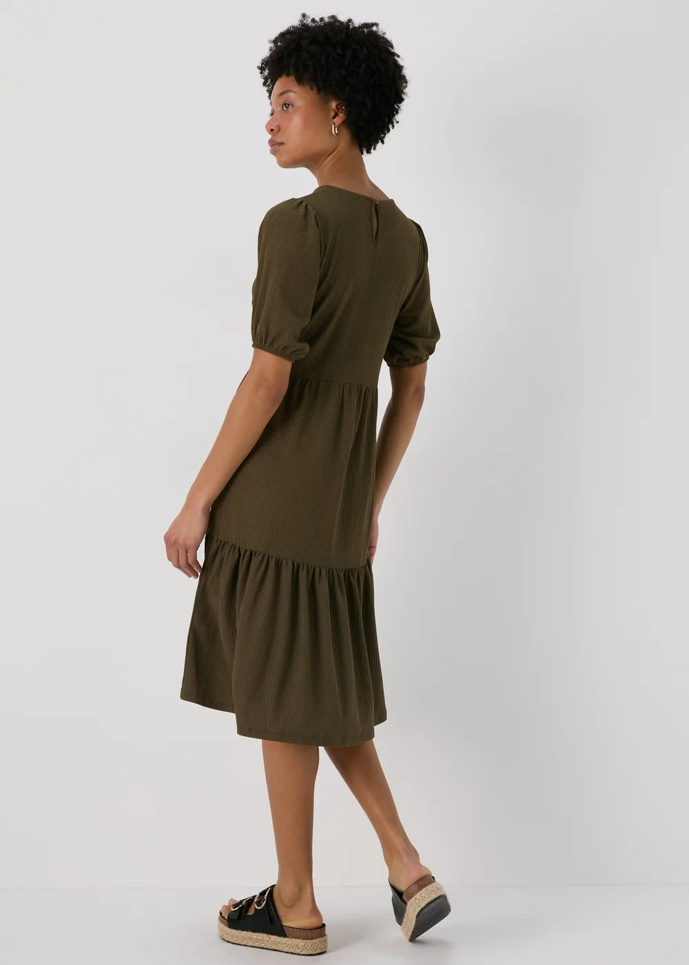 Khaki Textured Tiered Dress - 8 Image 2