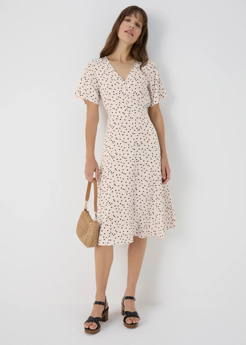 Cream Spot Print Midi Dress - Size 8 Image 1
