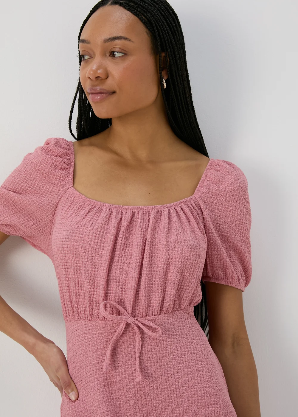 Pink Tie Front Textured Midi Dress - 8 Image 1