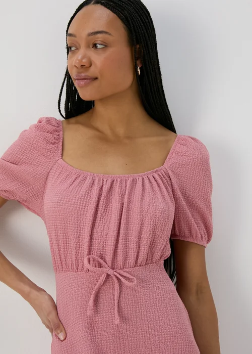 Pink Tie Front Textured Midi Dress - 8 Image 1