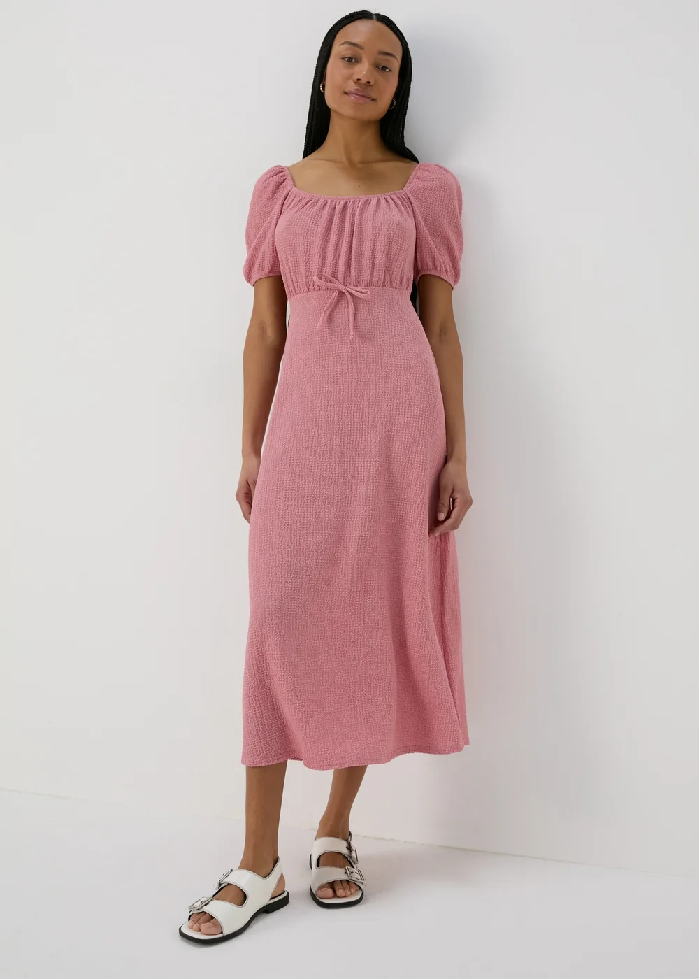 Pink Tie Front Textured Midi Dress - 8 Image 3