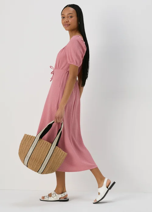 Pink Tie Front Textured Midi Dress - 8 Image 4