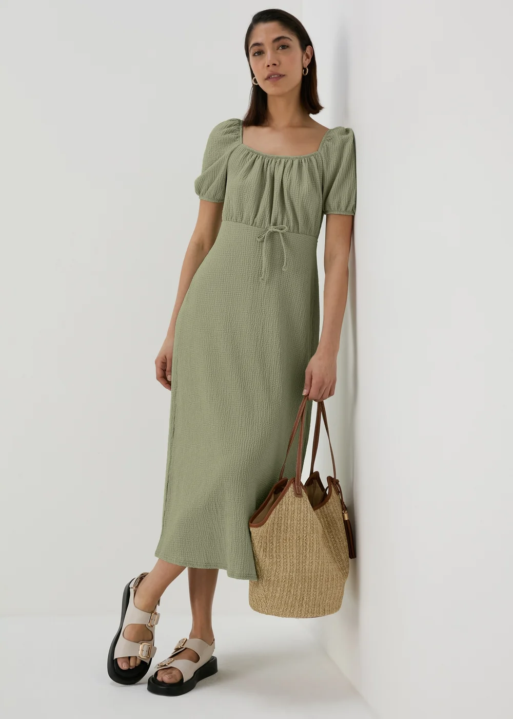 Green Tie Front Textured Midi Dress - Size 8 Image 4