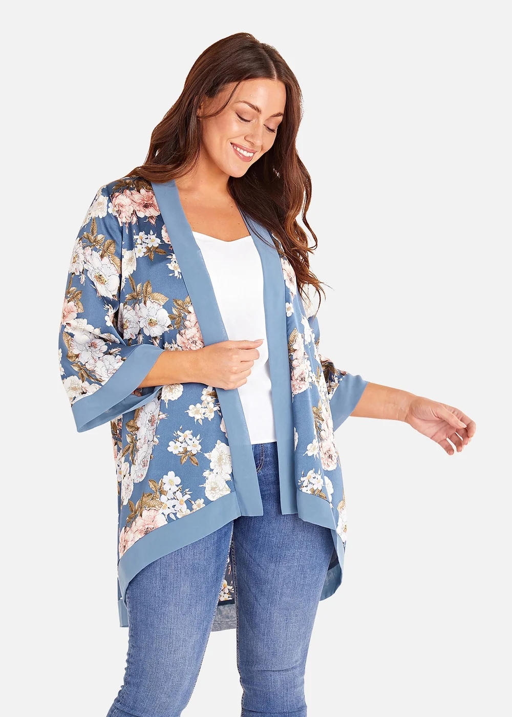 Mela Blue Plus Size Floral Satin Kimono - 18 Image 3