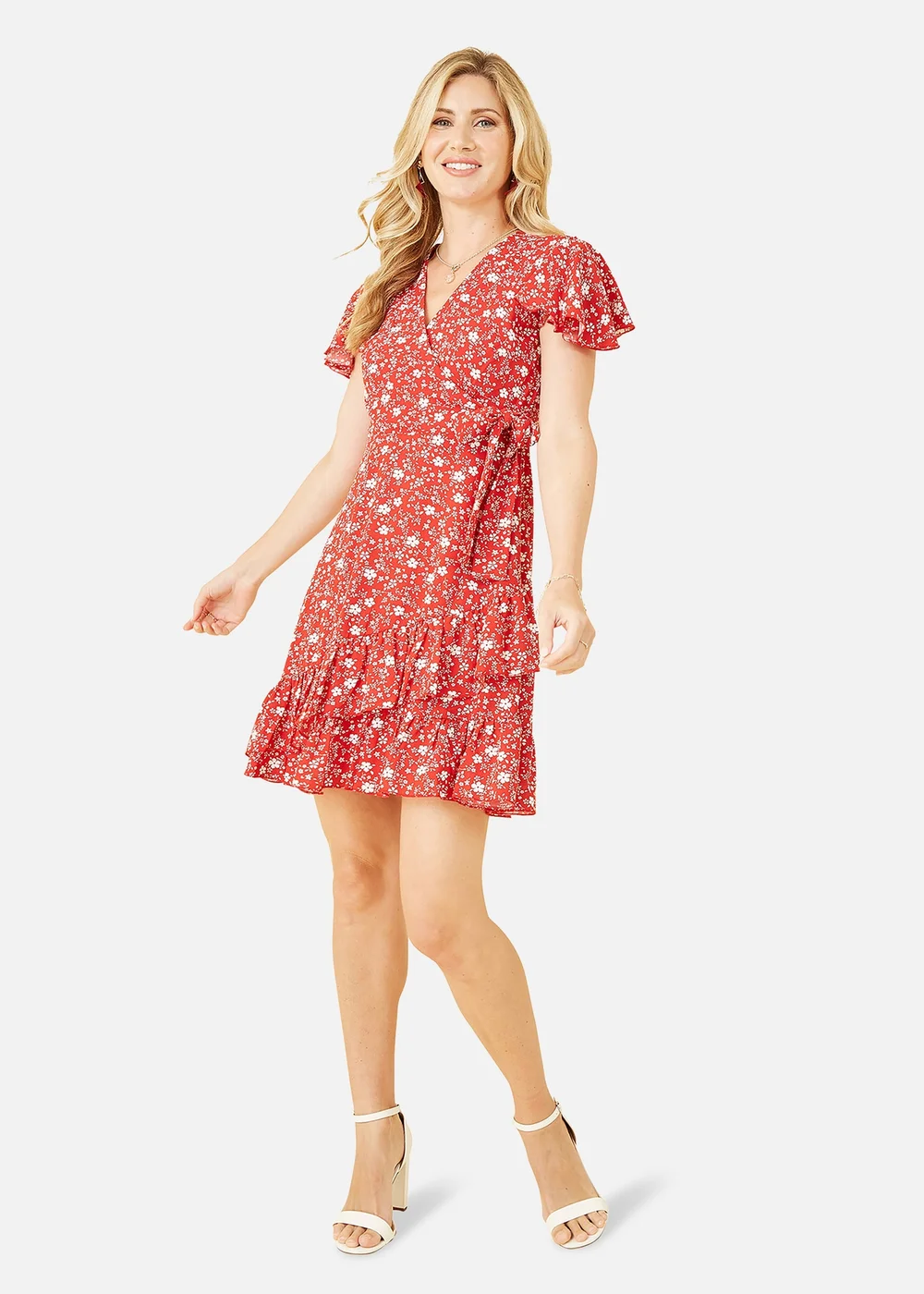 Mela Red Ditsy Floral Wrap Frill Dress - 8 Image 1