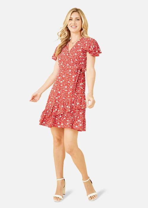 Mela Red Ditsy Floral Wrap Frill Dress - 8 Image 1
