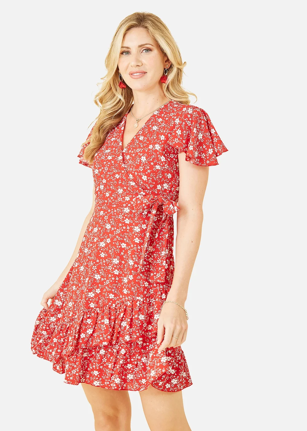 Mela Red Ditsy Floral Wrap Frill Dress - 8 Image 3
