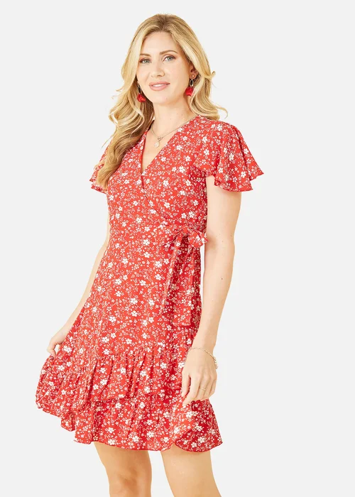 Mela Red Ditsy Floral Wrap Frill Dress - 8 Image 3