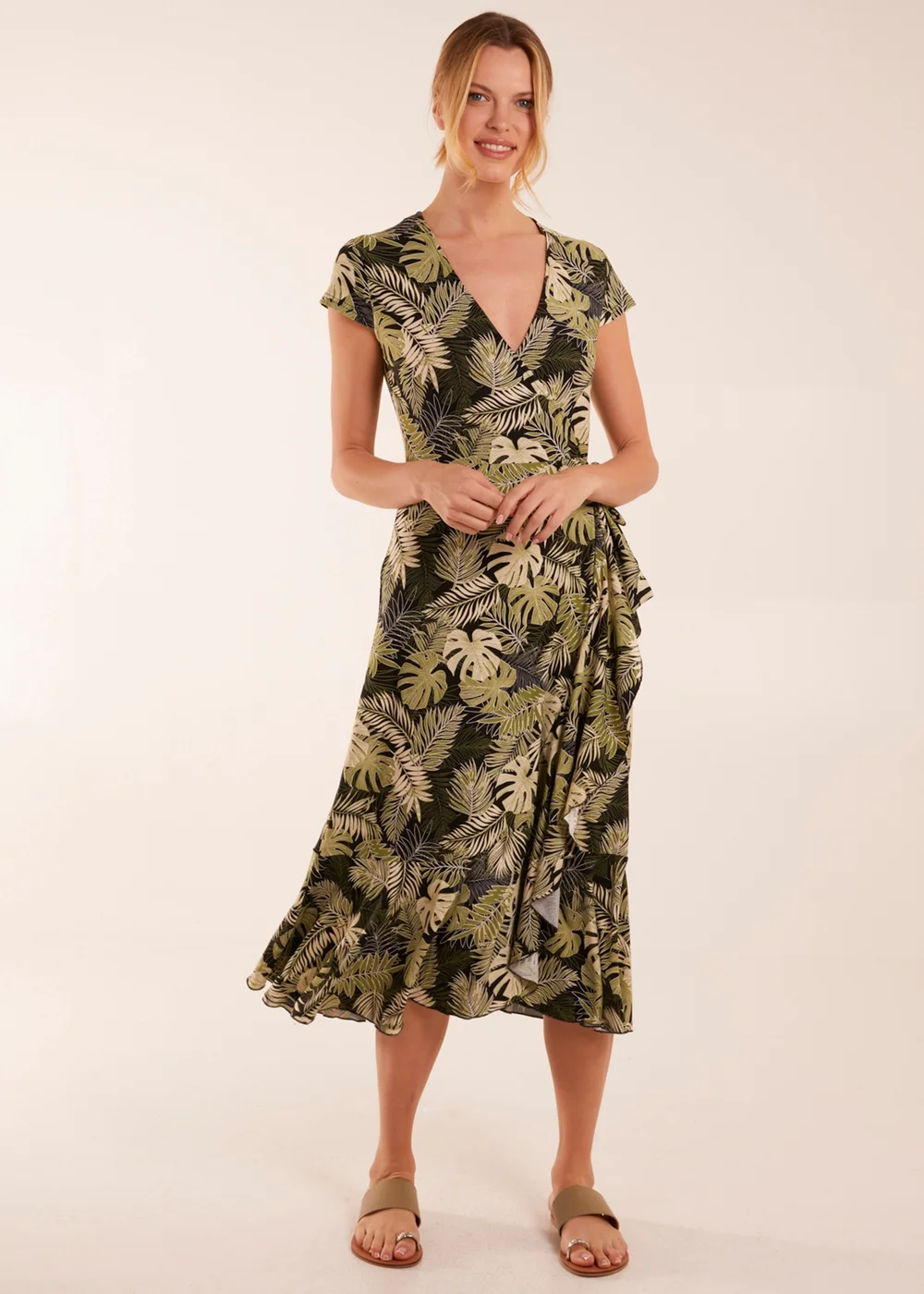 Blue Vanilla Black Tropical Print Wrap Front Midi Dress - S Image 4