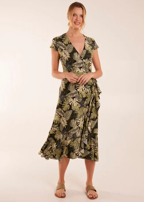 Blue Vanilla Black Tropical Print Wrap Front Midi Dress - S Image 4