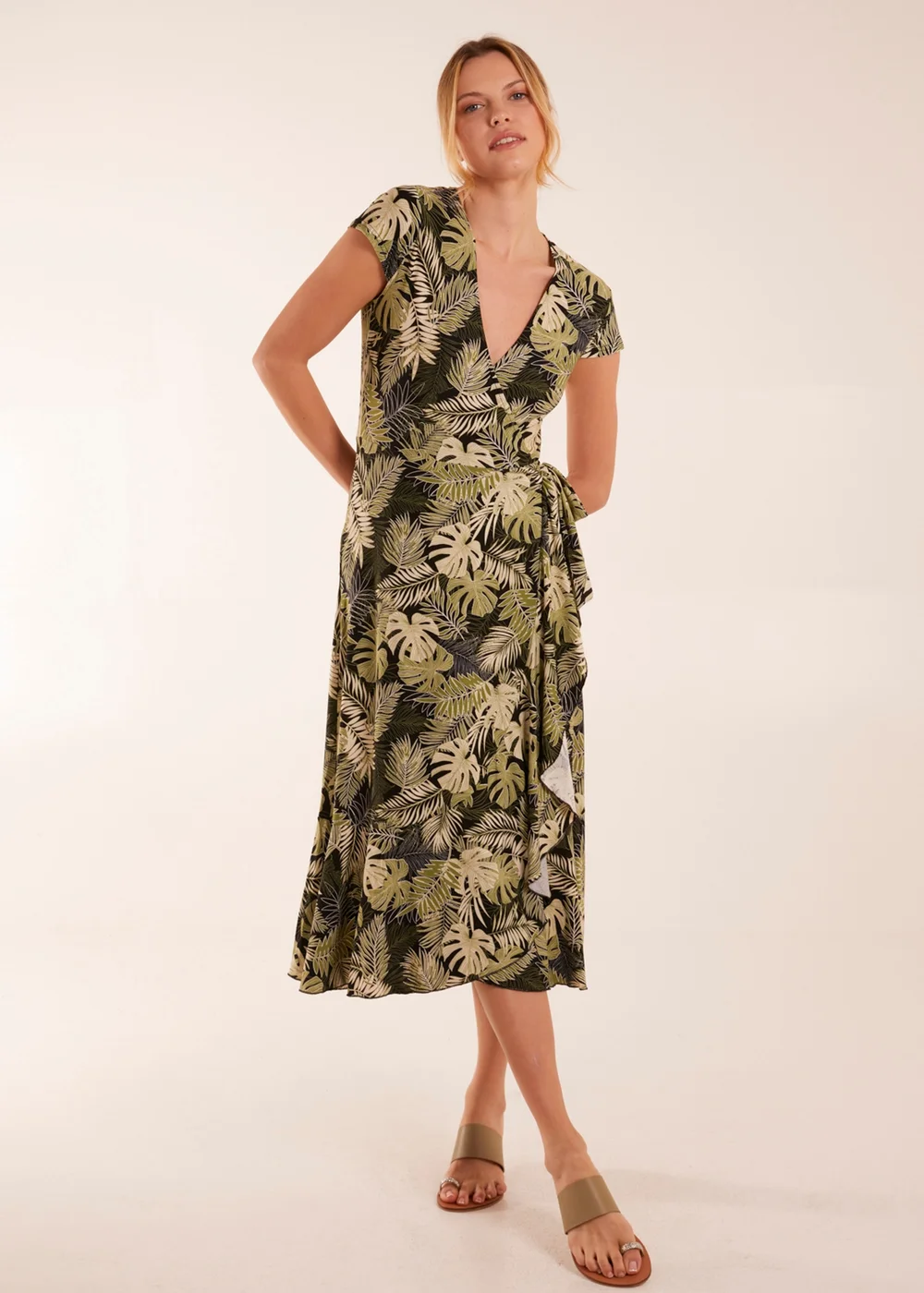 Blue Vanilla Black Tropical Print Wrap Front Midi Dress - S Image 1