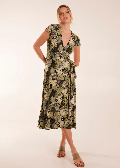 Blue Vanilla Black Tropical Print Wrap Front Midi Dress - S Image 1