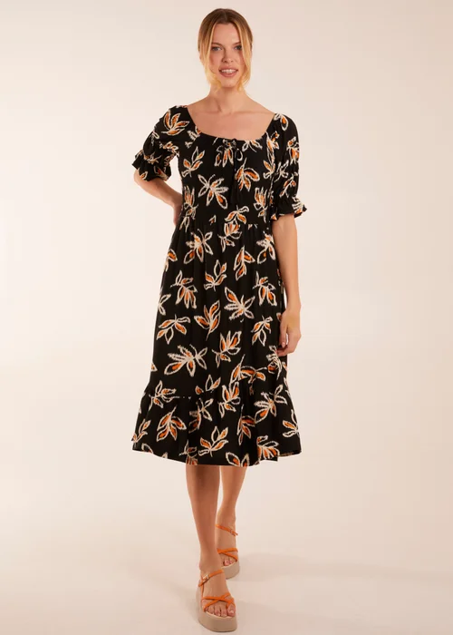 Blue Vanilla Black Tiered Puff Sleeve Abstract Print Shirred Midi Dress - S Image 1