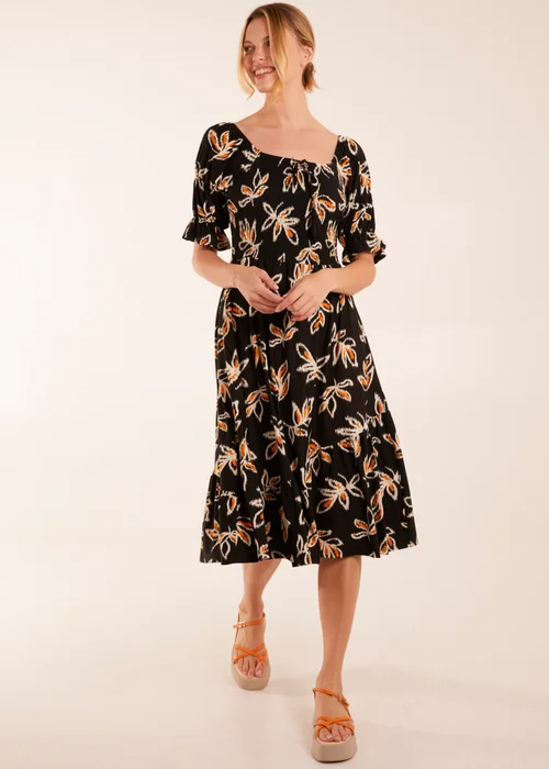 Blue Vanilla Black Tiered Puff Sleeve Abstract Print Shirred Midi Dress - S Image 4