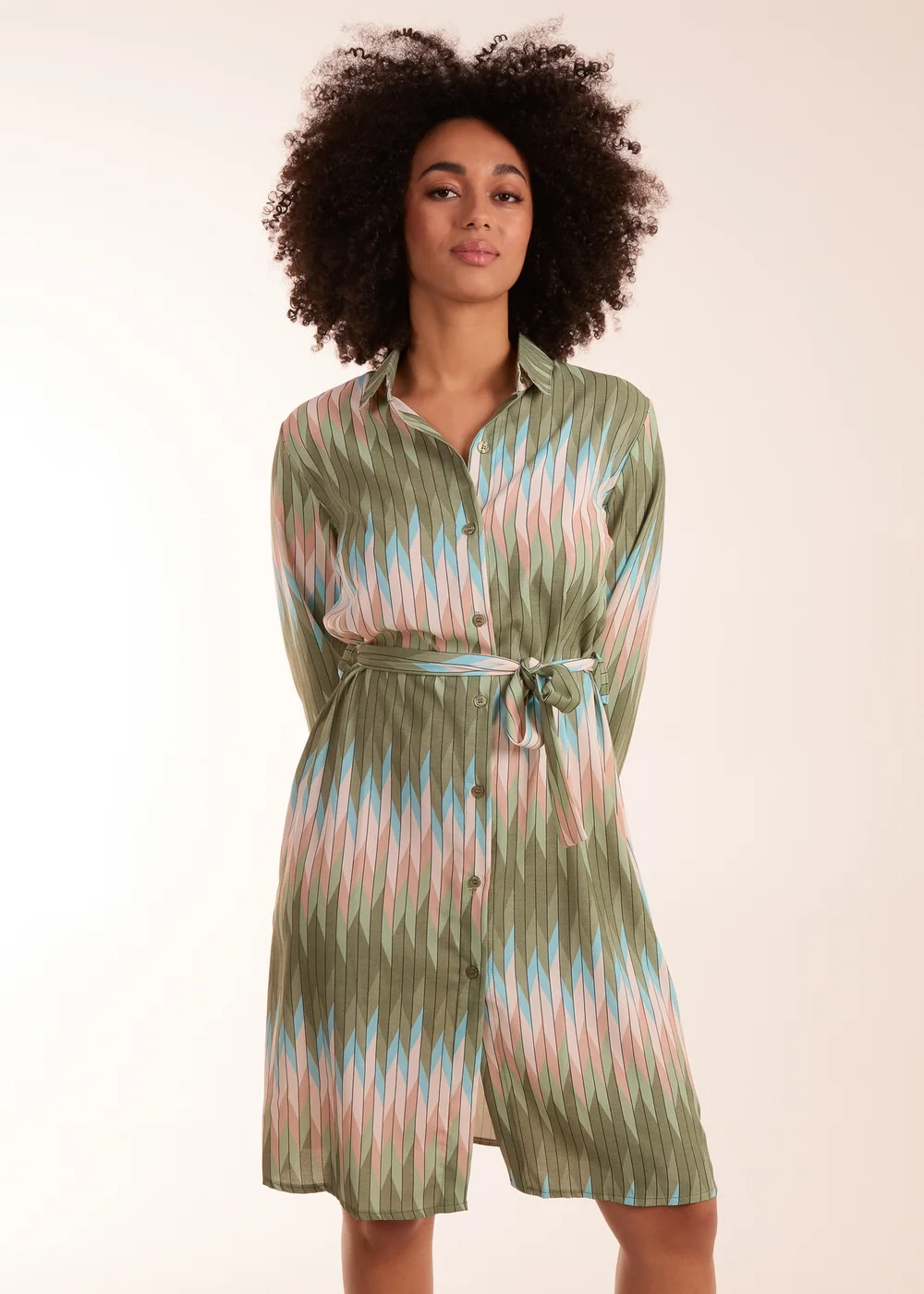 Blue Vanilla Khaki Zig Zag Print Shirt Dress - S Image 1