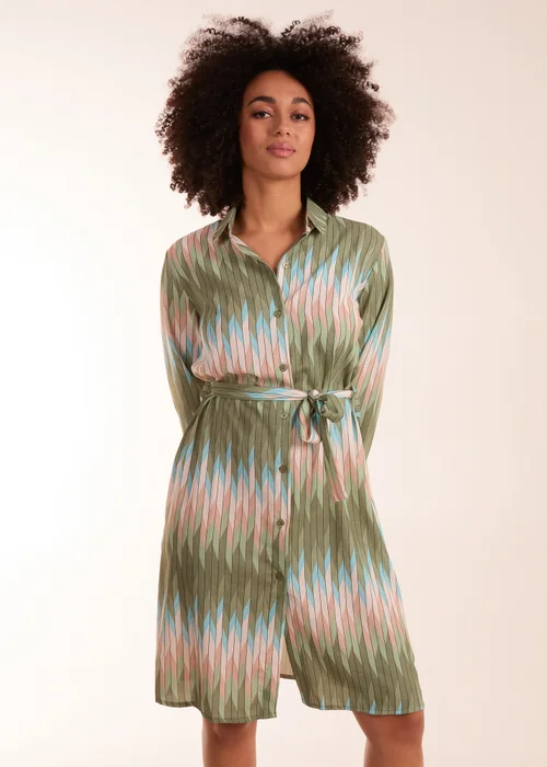Blue Vanilla Khaki Zig Zag Print Shirt Dress - S Image 1