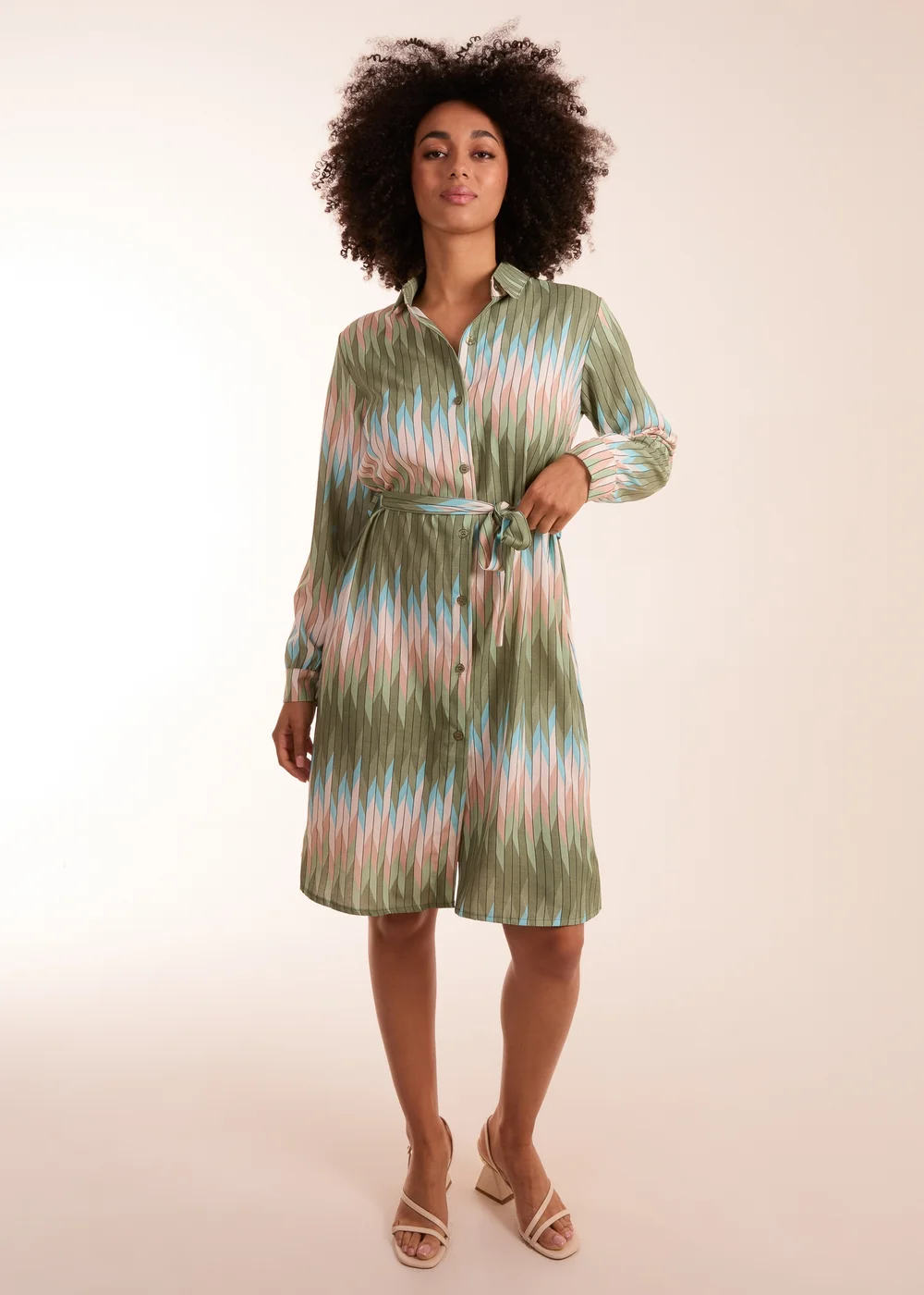 Blue Vanilla Khaki Zig Zag Print Shirt Dress - S Image 4