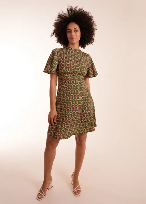 Blue Vanilla Green Geometric Print Angel Sleeve Dress - 8 Image 4