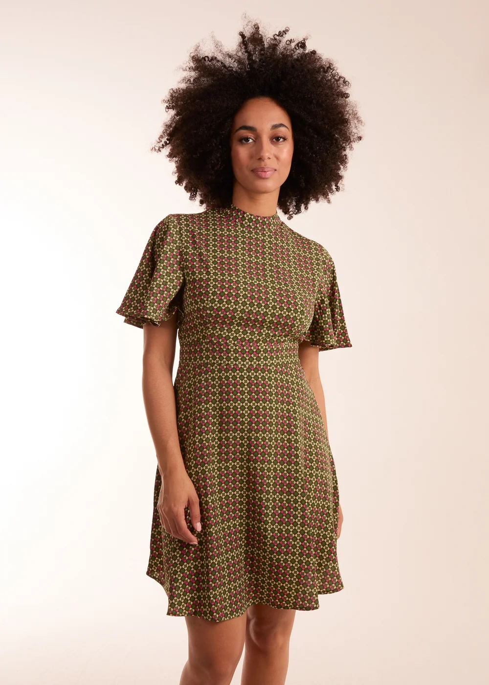 Blue Vanilla Green Geometric Print Angel Sleeve Dress - 8 Image 1