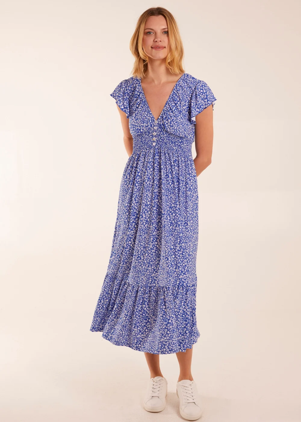 Blue Vanilla Blue Ditsy Floral V Neck Button Front Midi Dress - S Image 3