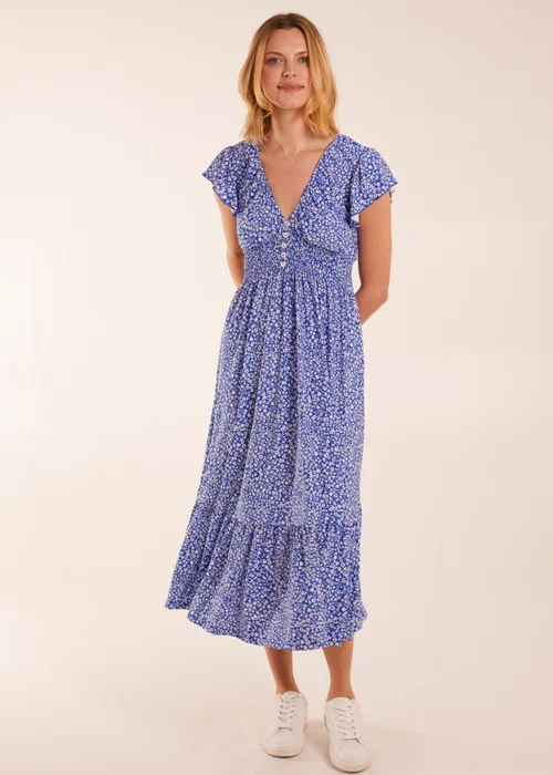 Blue Vanilla Blue Ditsy Floral V Neck Button Front Midi Dress - S Image 3