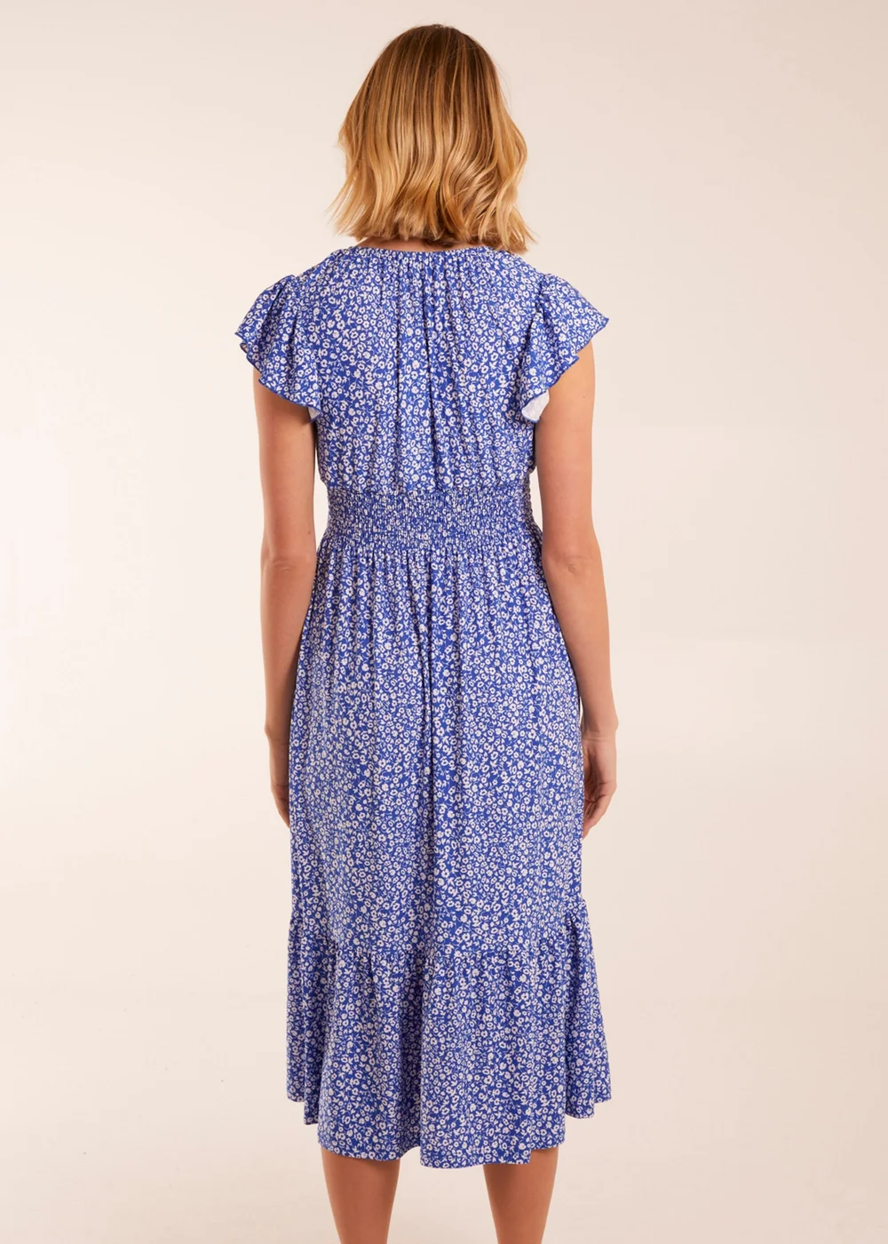 Blue Vanilla Blue Ditsy Floral V Neck Button Front Midi Dress - S Image 4