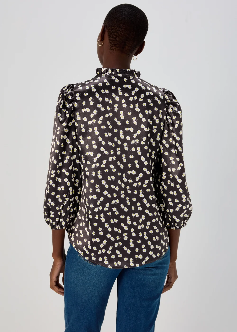 Black Daisy Print Tie Neck Frill Blouse - Size 8 Image 2