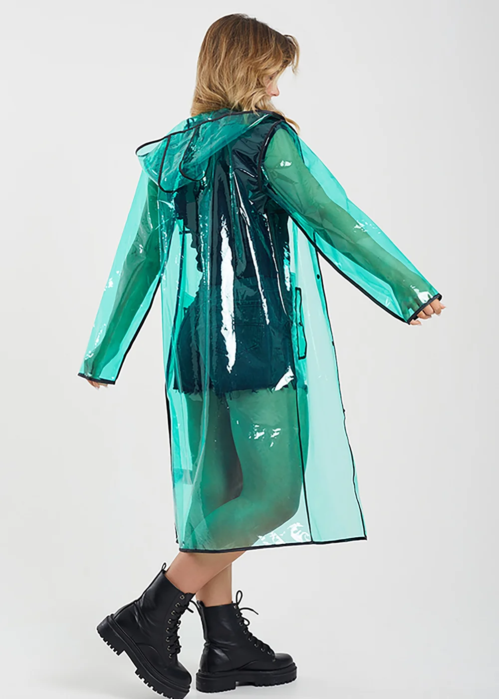 Brave Soul green Hooded Longline Rain Mac With Contrasting Binding - S/M Image 2