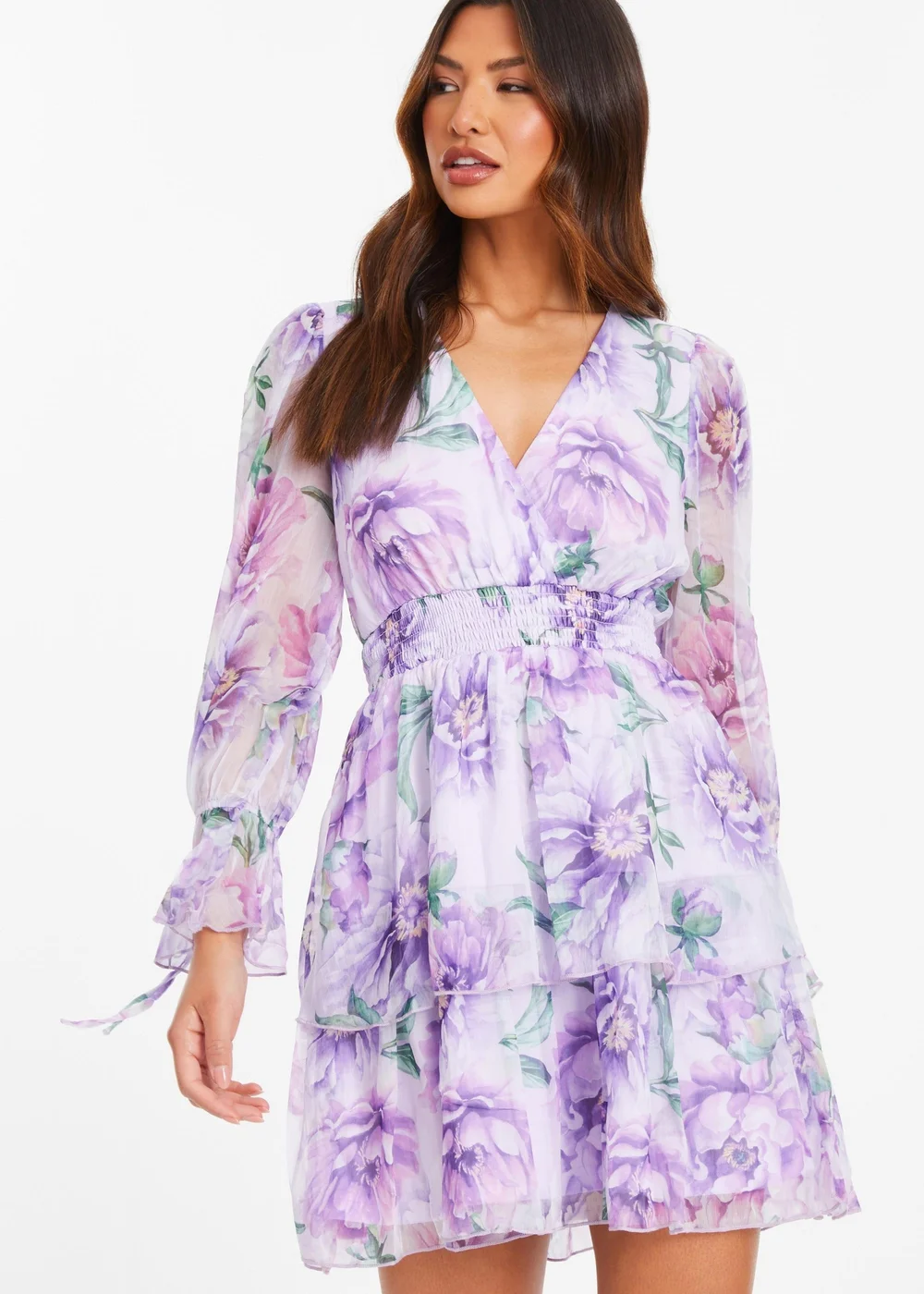 Quiz Purple Floral Chiffon Tiered Skater Dress - 8 Image 1