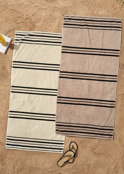 Catherine Lansfield Banded Stripe Cotton Beach Towel Pair - One Size Image 1