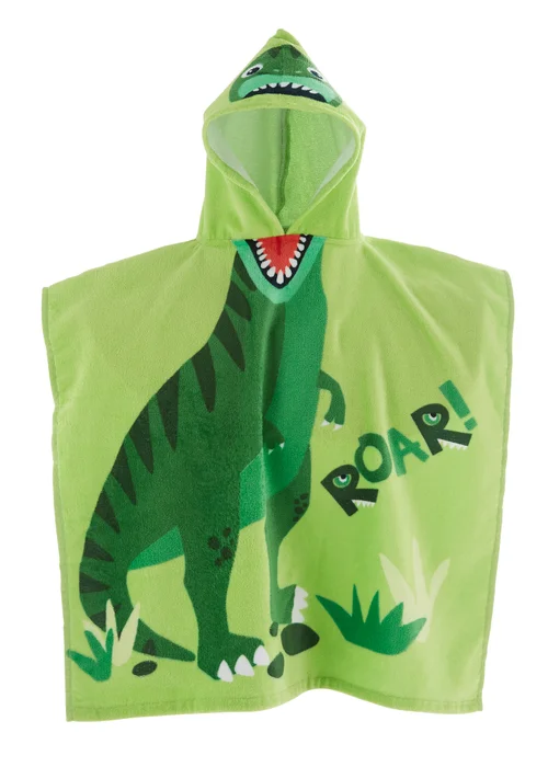 Catherine Lansfield Green Kids Dinosaur Hooded Towel Poncho - One Size Image 3