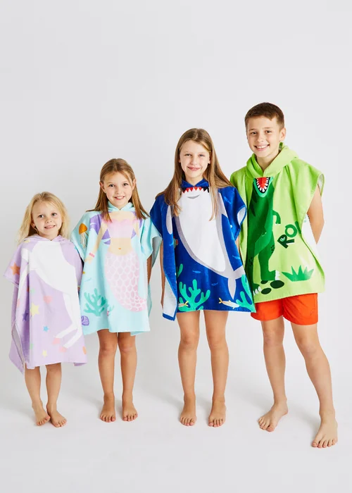 Catherine Lansfield Green Kids Dinosaur Hooded Towel Poncho - One Size Image 5