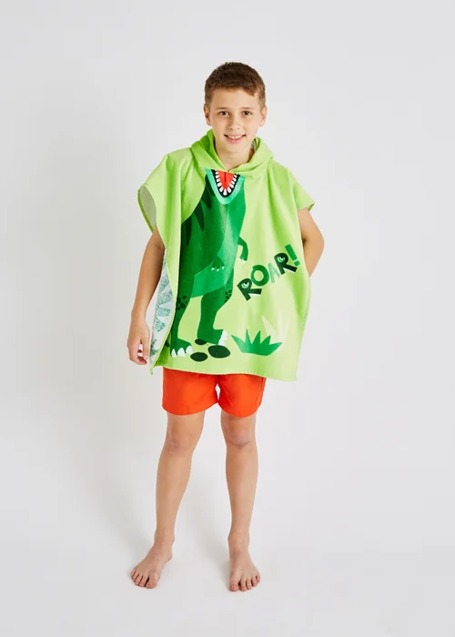 Catherine Lansfield Green Kids Dinosaur Hooded Towel Poncho - One Size Image 1