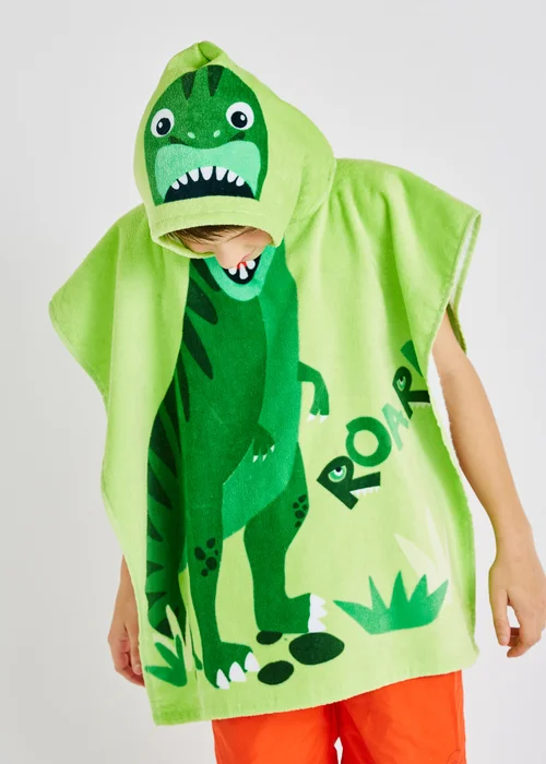 Catherine Lansfield Green Kids Dinosaur Hooded Towel Poncho - One Size Image 2