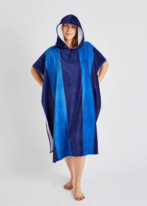 Catherine Lansfield Blue Stripe Hooded Towel Poncho - One Size Image 2