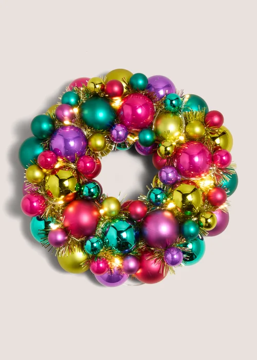 Joyful Pre Lit Multi Coloured Bauble Wreath Image 1
