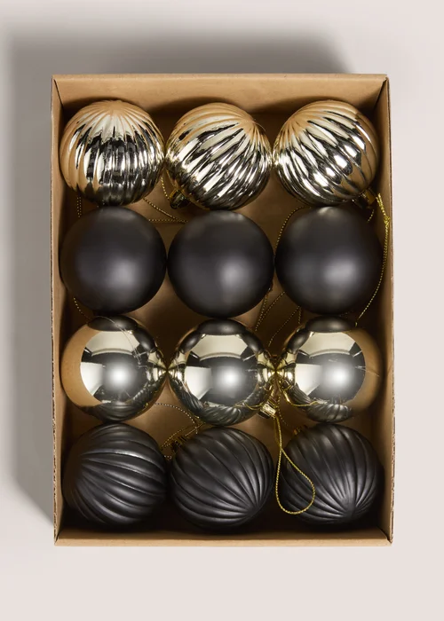 Wondrous 12 Pack Black & Gold Baubles Image 1