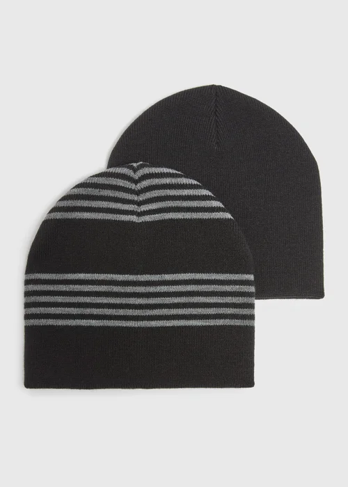 2 Pack Black Stripe Beanies - One Size Image 1