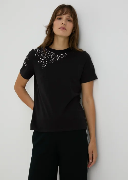 Black Shoulder Embellished T-Shirt - 8 Image 1