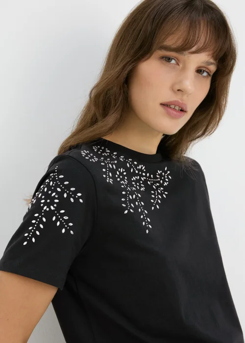 Black Shoulder Embellished T-Shirt - 8 Image 3