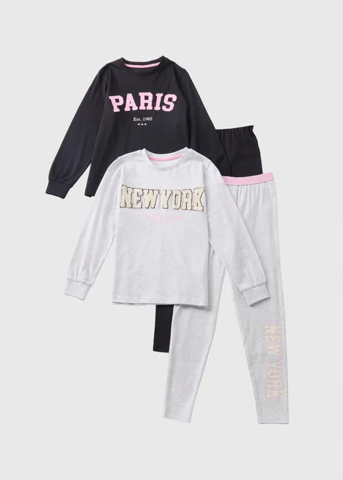 2 Pack Girls Grey Top & Bottoms Pyjama Sets (7-13yrs) - Age 7 Years Image 1