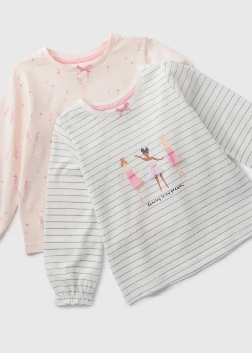 2 Pack Girls Pink Ballerina Top & Bottoms Pyjama Sets (1-7yrs) - Age 2 - 3 Years Image 2