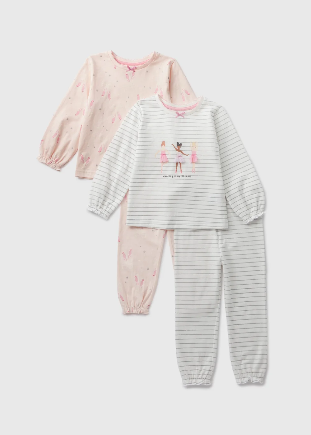 2 Pack Girls Pink Ballerina Top & Bottoms Pyjama Sets (1-7yrs) - Age 2 - 3 Years Image 1