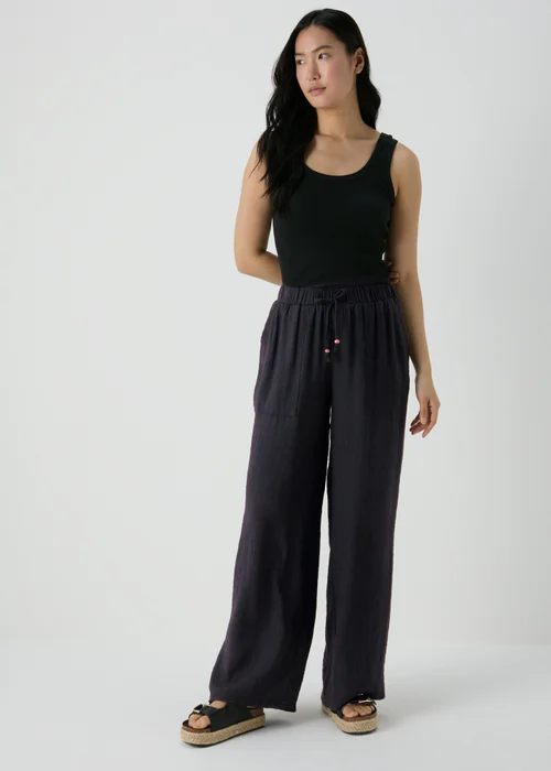 Black Textured Wide Leg Trousers - 8 Image 4