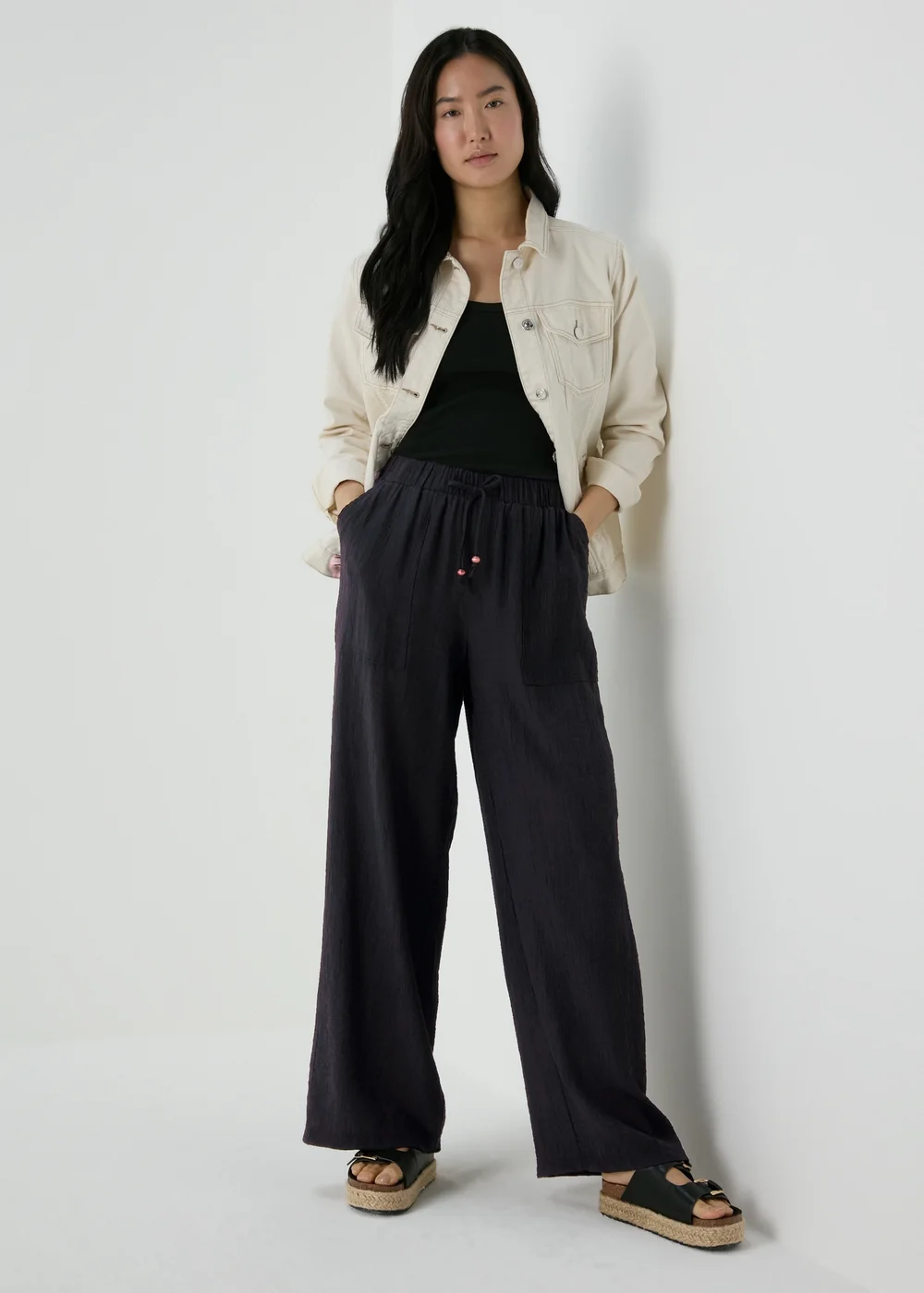 Black Textured Wide Leg Trousers - 8 Image 1