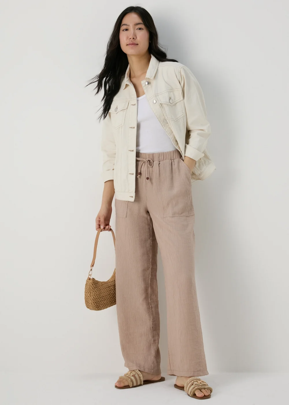 Beige Textured Wide Leg Trousers - 8 Image 1