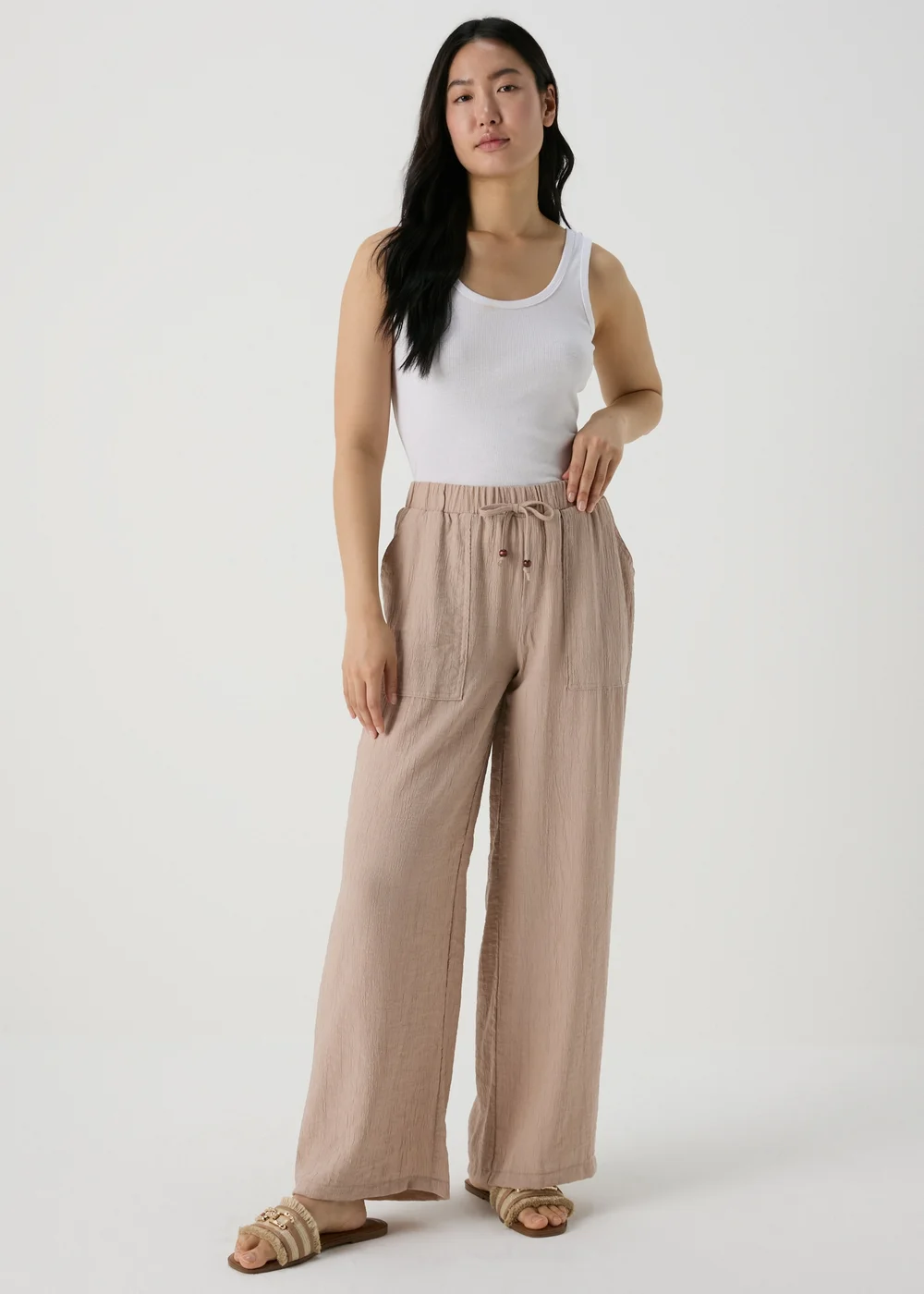 Beige Textured Wide Leg Trousers - 8 Image 4