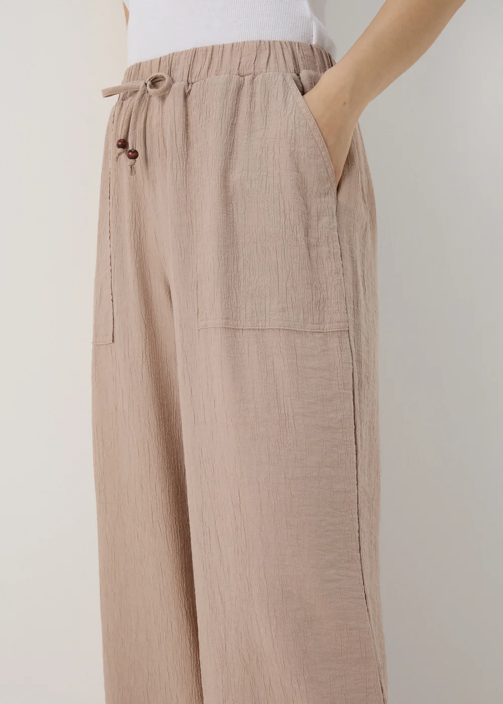 Beige Textured Wide Leg Trousers - 8 Image 3