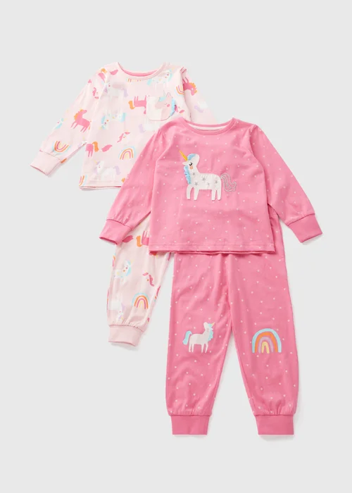 2 Pack Girls Pink Unicorn Pyjama Set (1-7yrs) - 1 half year to 2 Image 1
